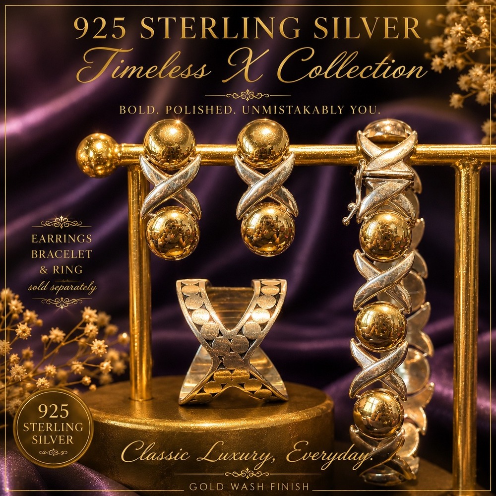 Vintage Vermeil Italy .925 Silver X&O Demi-Parure Bracelet Earrings Ring 8 Set
